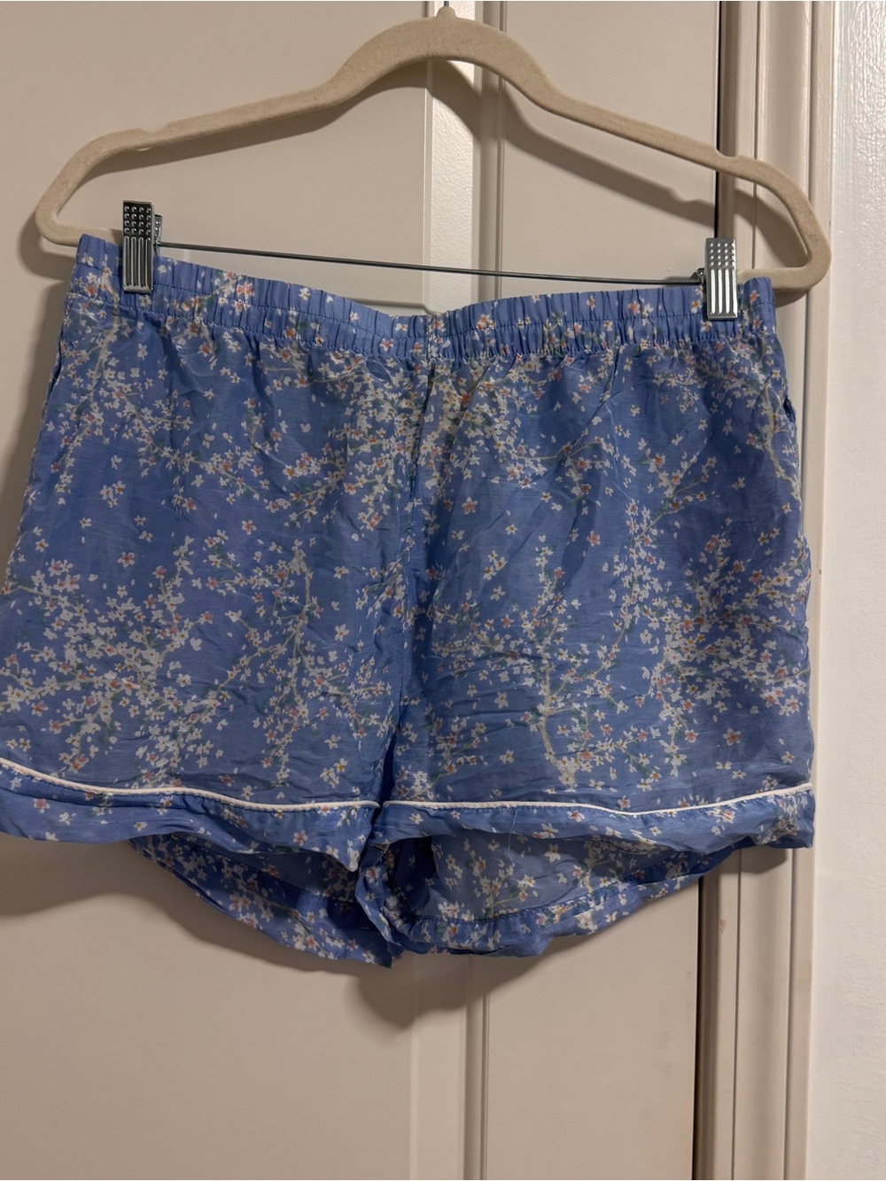 Blue Floral Women's Cotton Pajama Shorts with Elastic Waist
